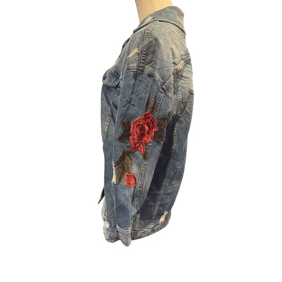Express Jeans Blue Distressed Long Denim Jacket Red Rose Floral Embroidery Small - Picture 2 of 9